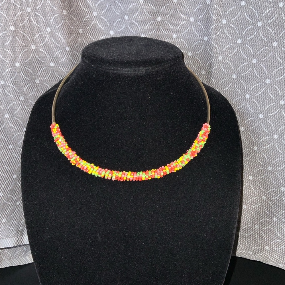 C Est 1946 Beaded Choker Style Necklace Multi-Colored Beads Gold Tone